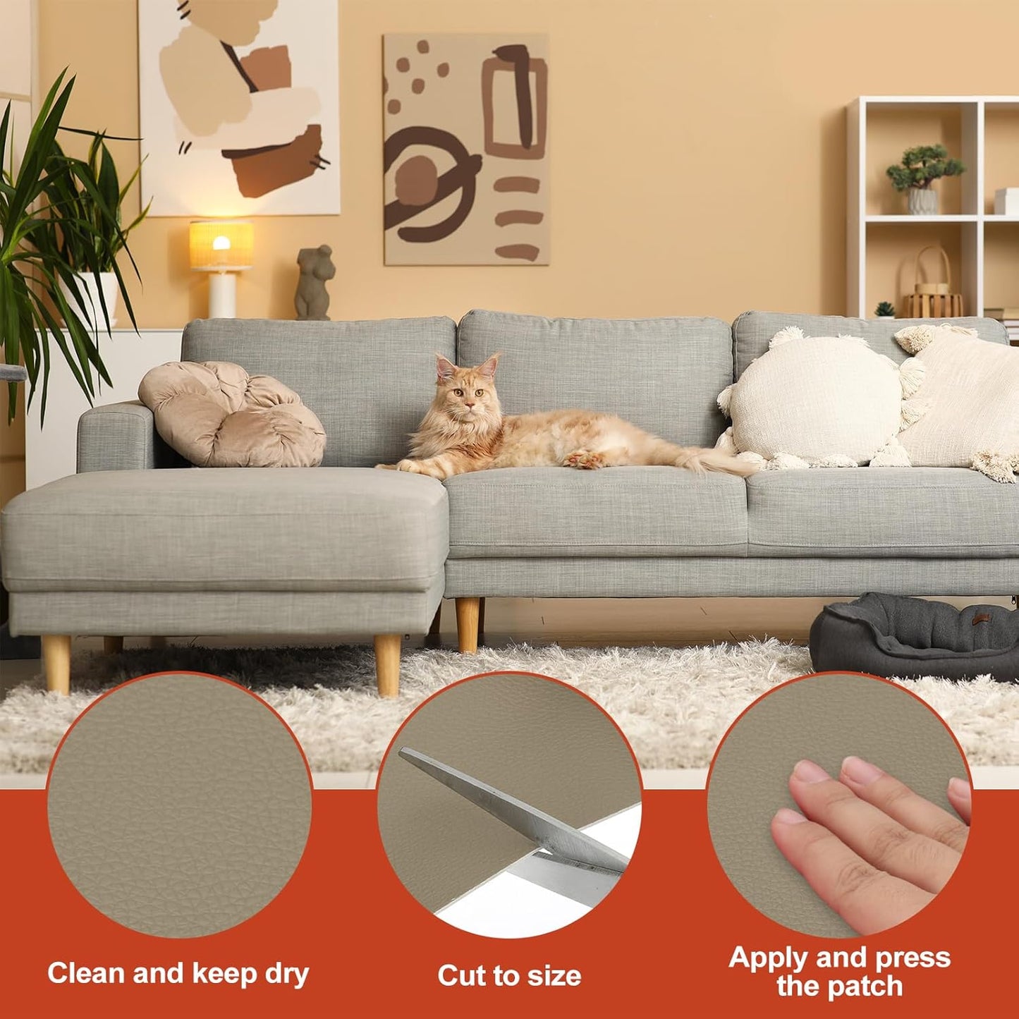 PATIKIL Leather Patches Tape for Furniture, 6.3 x 61 Inch Self Adhesive Vinyl Leather Repair Kit Cover Sheet for Couch, Sofa, Car Seats, Office Chair, Gray Khaki