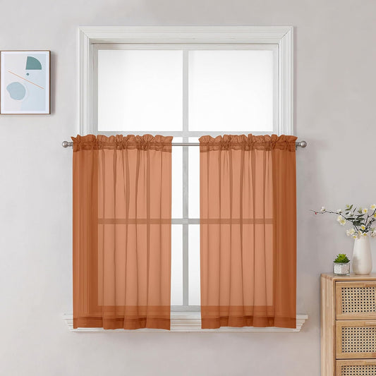 Chyhomenyc Orange Sheer Curtains 30 inch Length 2 Panels, Light Filtering Voile Rod Pocket Short Window Curtians for Bathroom Living Room Farmhouse Small Windows, 42Wx30L inches
