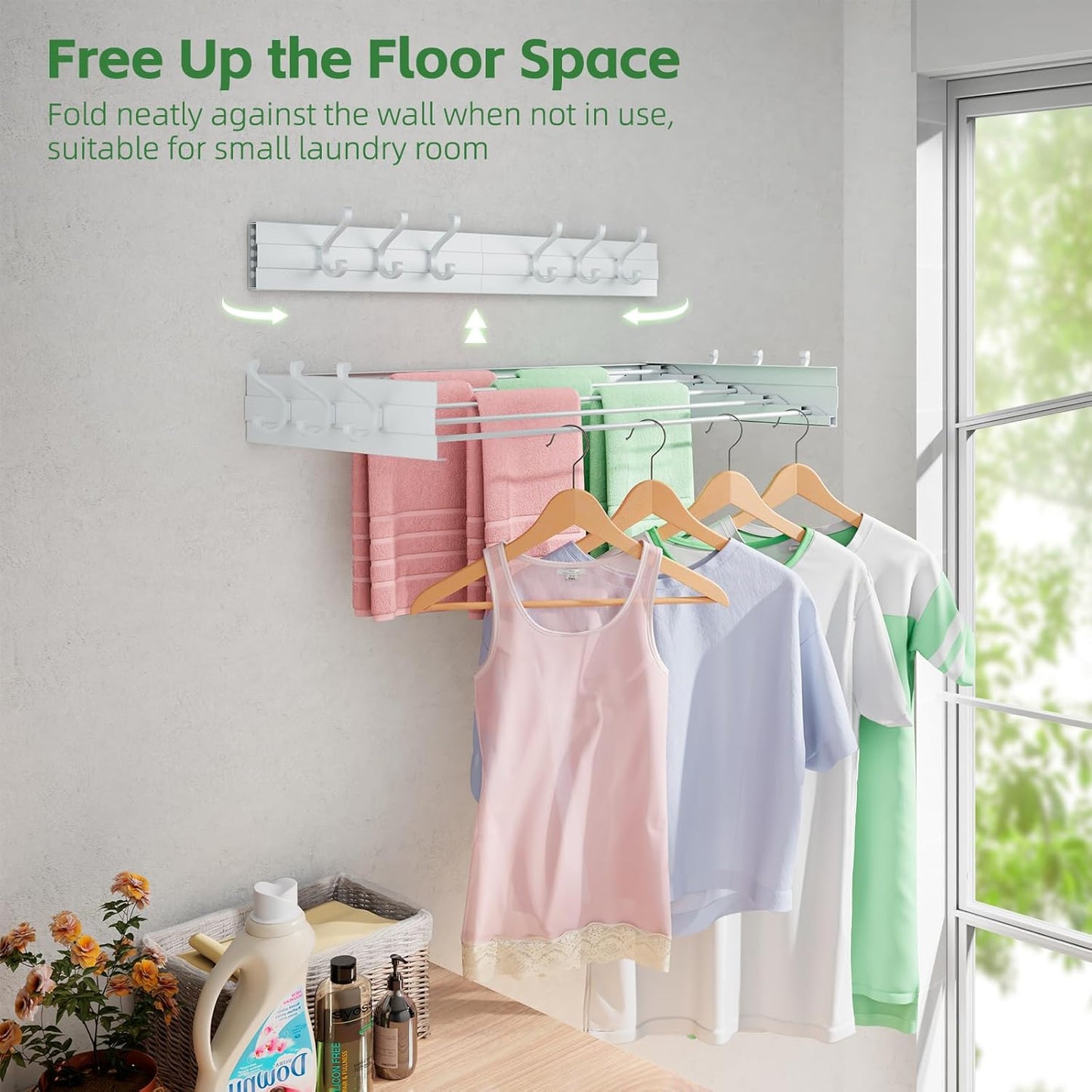 Wall Mounted Drying Rack 31.5", Foldable Clothes Drying Rack with 6 Towel Hooks and 5 Rods for Hanging Clothes, Space Saving Laundry Rack for Indoor Outdoor Bathroom Balcony Laundry Room(31.5")