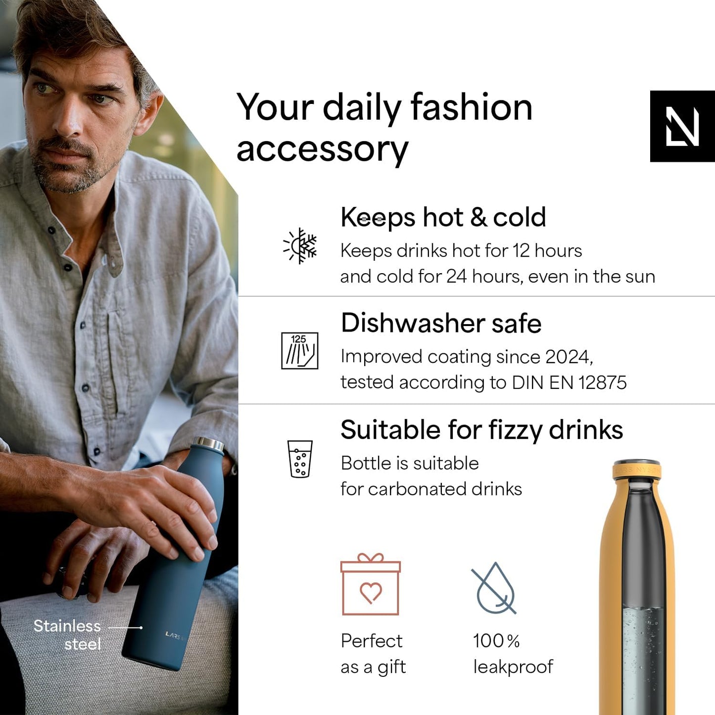 LARS NYSØM Stainless Steel Insulated Water Bottle 12oz 17oz 25oz 34oz 51oz | Insulated Thermo Flask for Hot and Cold Beverages | Leakproof Drinking Bottle (Mustard Yellow, 33.9 oz)