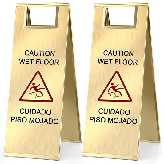 Kigley 2 Pcs Wet Floor Sign, 24 Inch Stainless Steel Caution Wet Floor Sign Double Sided Portable Foldable Bilingual Safety Warning for Hotel Market Restroom Restaurant Office (Gold)