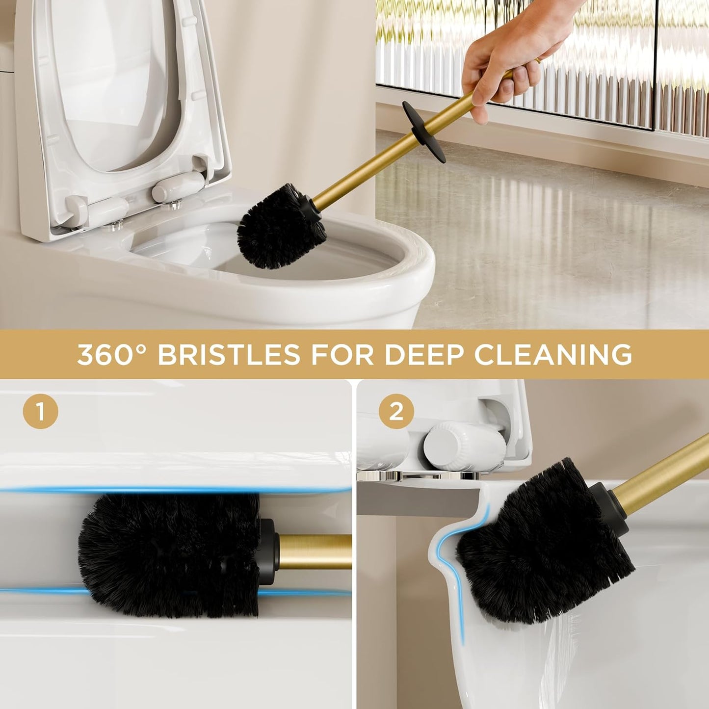 FORIOUS Toilet Brush and Holder Set, Heavy Duty 304 Stainless Steel Base Square and Long Handle for Bathroom Deep Cleaning, Drip-Proof, Space Saving for Storage, 2 Toilet Bowl Brush Head, Dark Gold