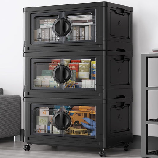BROVIEW 360Qt Lockable Stackable Storage Bins with Lids, Closet Organizers and Storage Drawer, Collapsible Storage Bin with Wheels, Plastic Cabinet for Toy Clothes Dorm Organizer, V9 3 Pack Black