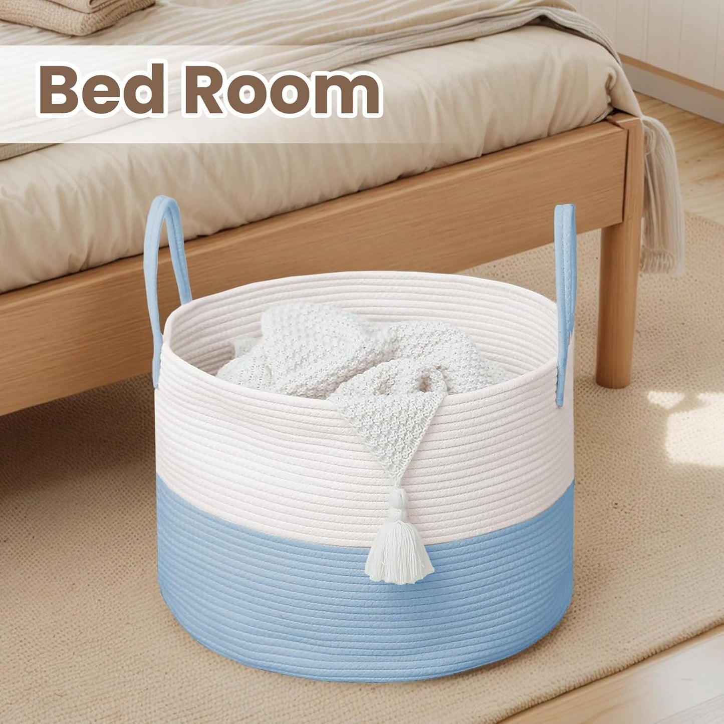 Woven Blanket Basket,65L Large Rope Storage Bin with Handles, Organizer for Blankets Toys Book and Clothes, Laundry Basket for Living Room Bedroom Nursery,White&Blue