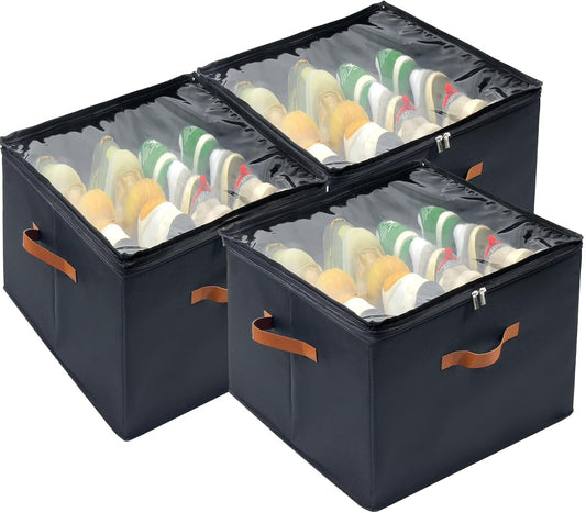Shoe Organizer for Closet, 3 Pack Shoe Storage Bins with Clear Cover, Adjustable Dividers Fits 24-48 Pairs, Black