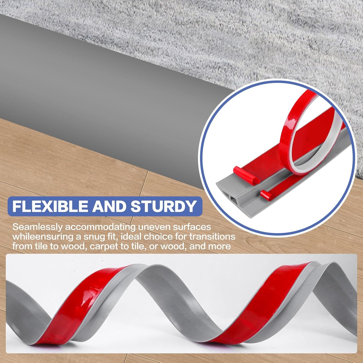Floor Transition Strip Vinyl Door Threshold Ramp Self Adhesive Carpet Edging Strip Doorway Edge Trim, Overlap Edge Reducer for Laminate Carpet, Floor, Tile (Gray, 2/5" to 3/5", 3.3Ft)