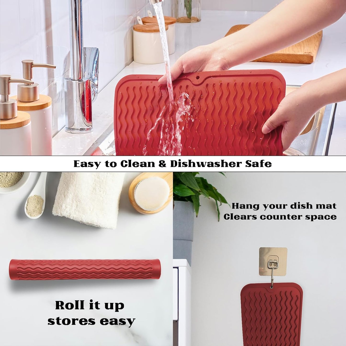 ZLR Silicone Dish Drying Mat for Kitchen Counter, Eco-Friendly Fast Dry Dish Mat, Easy Clean Multi Usage Drying Matt, Heat Resistant Trivet, 12" x 12" Middle, Lave Red