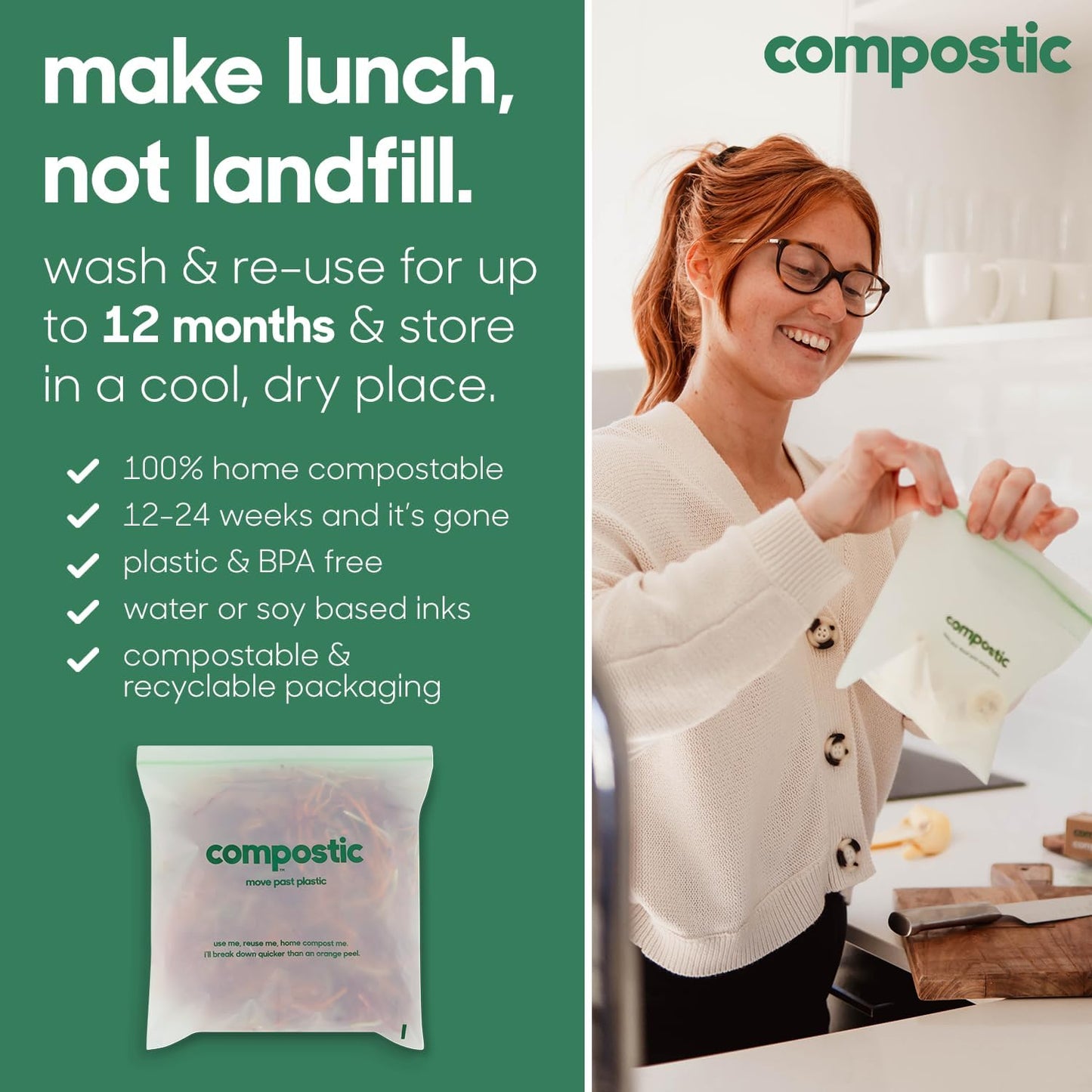 Compostic Home Compostable Resealable Snack Bags (6"x 3.5"), Microwave & Freezer Safe, Organic Food Storage Container, 30 Count (Pack of 2)