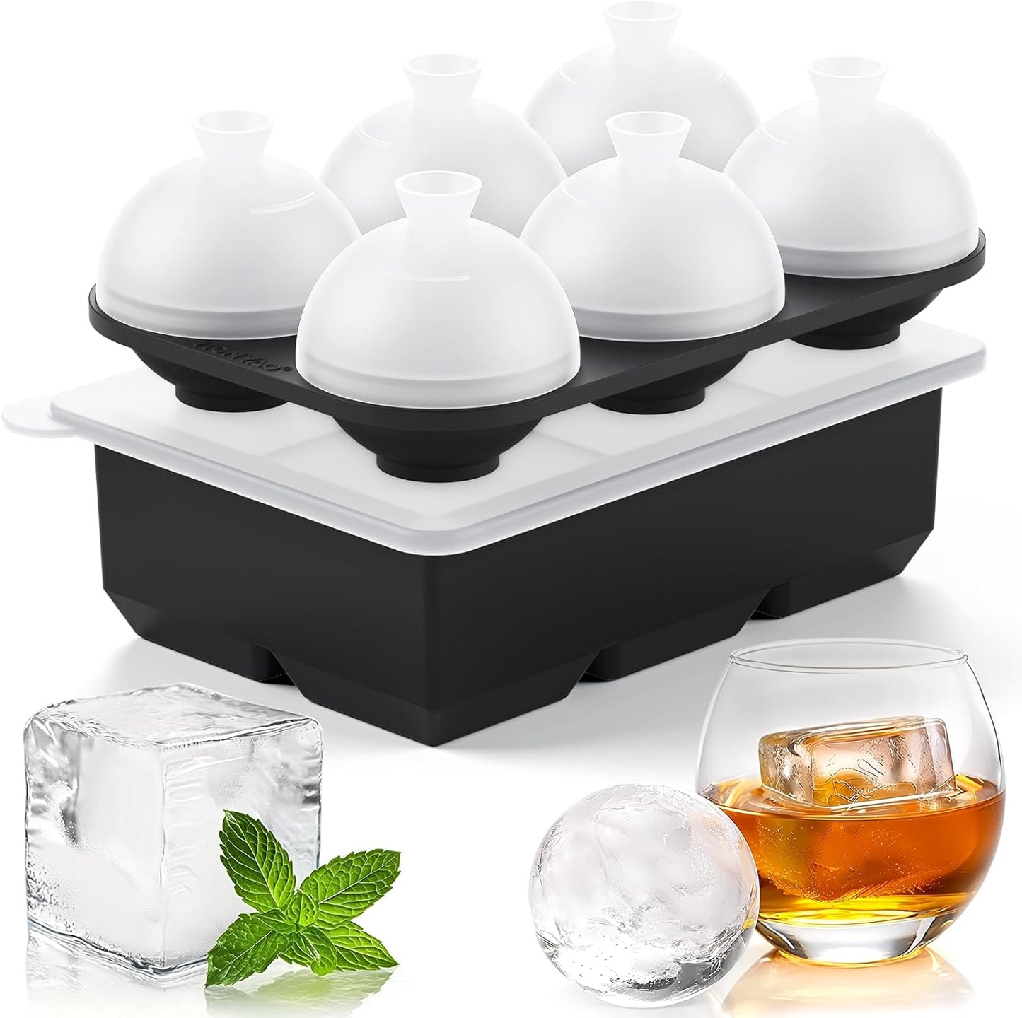 HONYAO Whiskey Cocktail Ice Mold, Easy Fill and Release Silicone Round Ice Ball Maker Mold Large Square Ice Cube Tray with Lid - 6 Ice Balls + 6 Ice Cubes Black