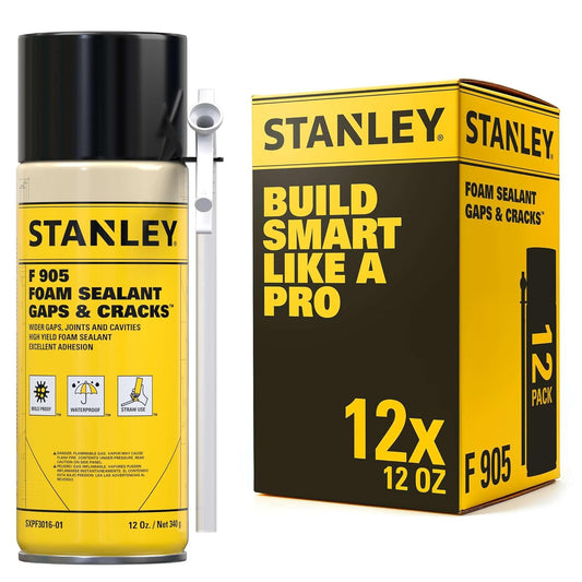 Stanley F905 Gaps & Cracks Sealant (12x12 Oz.) – Polyurethane Spray Foam Insulation for Window & Door, Waterproof Gap Filler, Low Expansion Foam for Indoor & Outdoor Use | Straw Use | 12 Oz. 12 Pack