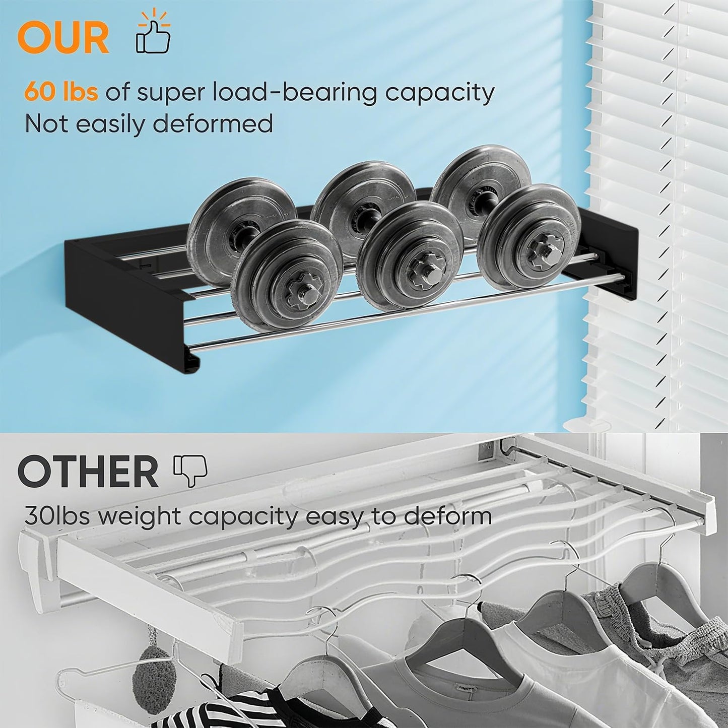 Wall Mounted Clothes Drying Rack, 5 Aluminum Rods, Collapsible, White, 32 inches (Black, 32'')