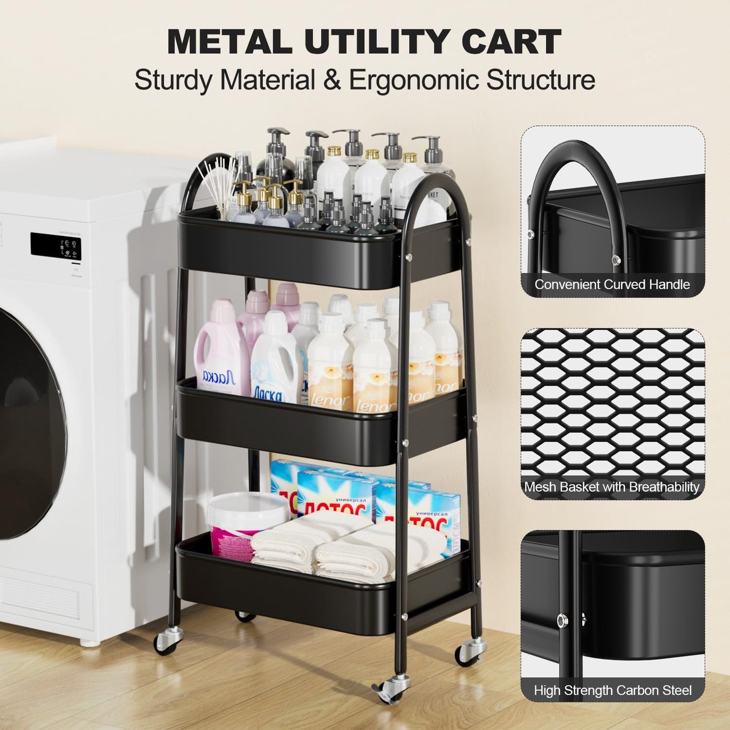 EAGMAK 3 Tier Rolling Cart, Large Metal Storage Cart with Handle and Lockable Wheels, Big Multifunctional Storage Organizer Trolley with Mesh Baskets for Kitchen, Living Room, Office, Garage (Black)