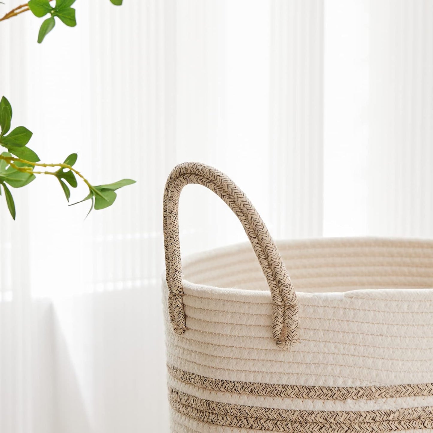 VIPOSCO Large Laundry Hamper, Tall Woven Rope Storage Basket for Blanket, Toys, Dirty Clothes in Living Room, Bathroom, Bedroom - 100L Brown & White