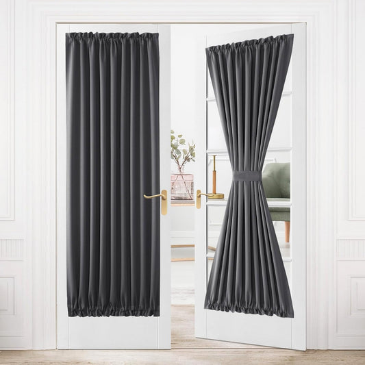 DWCN French Door Curtains – Rod Pocket Thermal Blackout Curtain for Doors with Glass Window, Kitchen and Patio Doors for Privacy, 36 X 80 Inches Long, 1 Curtain Panel with Tieback, Dark Grey