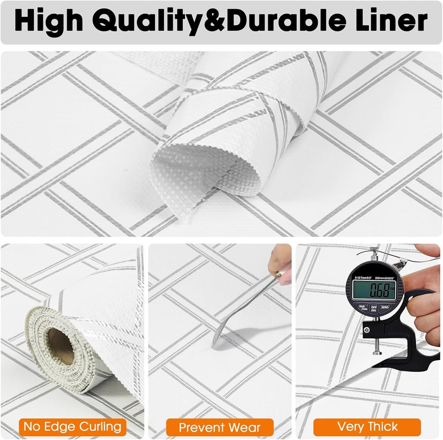 Drawer and Shelf Liner for Kitchen Cabinets Non-Adhesive Cabinet Liners for Shelves Strong Grip Non Slip Waterproof Cupboard Liner for Dresser Refrigerator, Bathroom,Silver Geometric,17.5IN X 10FT