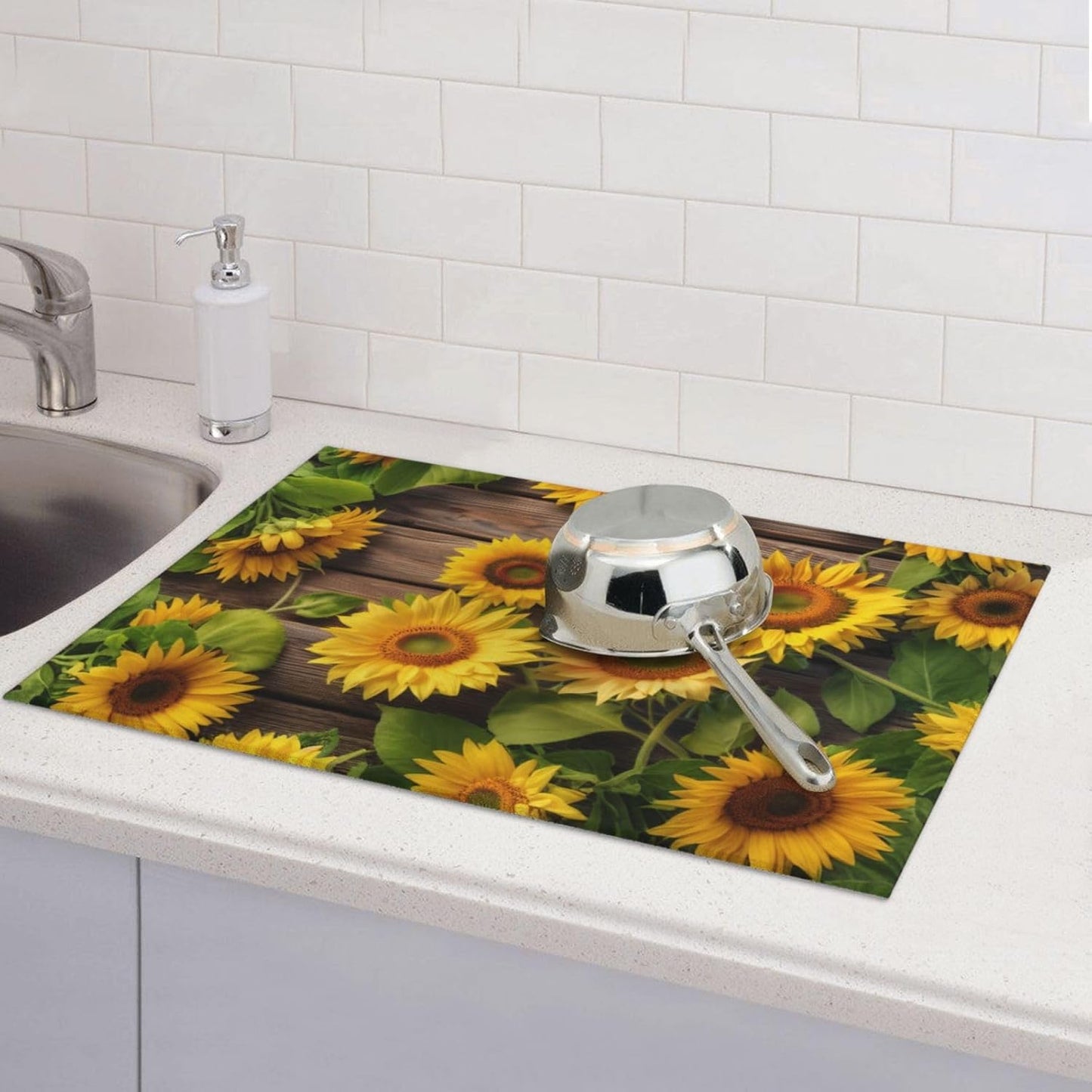 Sunflower Dish Drying Mat for Kitchen Counter Protector and Decoration Super Absorbent Double Sided Microfiber Coffee Bar Mat Dish Drainer Mat Fast Dry Pad Reusable Extra Large 18"x24" inches