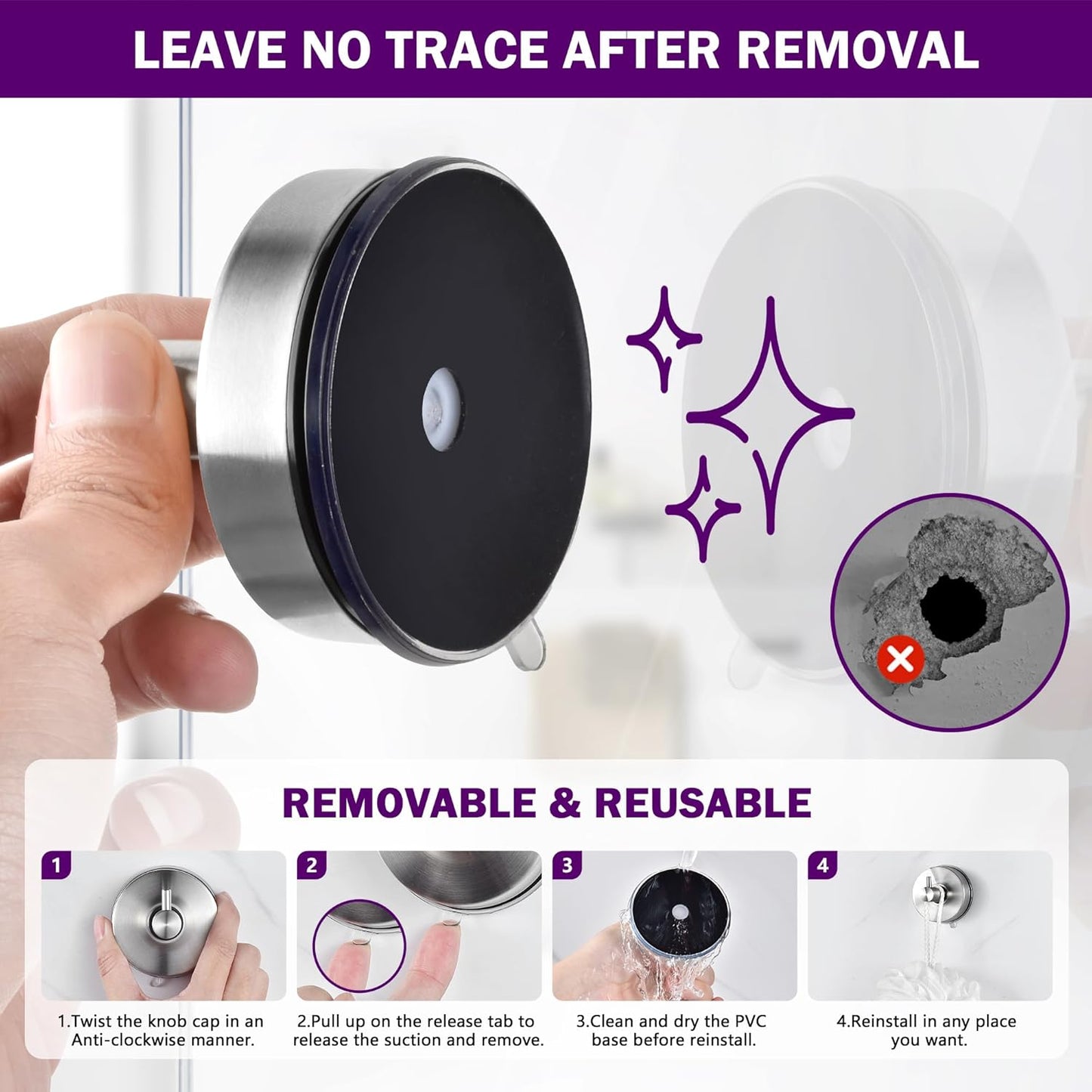 JOMOLA Brushed Stainless Steel Shower & Bathroom Hooks - No Drill Adhesive-Free Suction Cup Hardware, Rustproof Waterproof Metal Wall Mount for Towel Robe, Damage-Free (4-Pack)