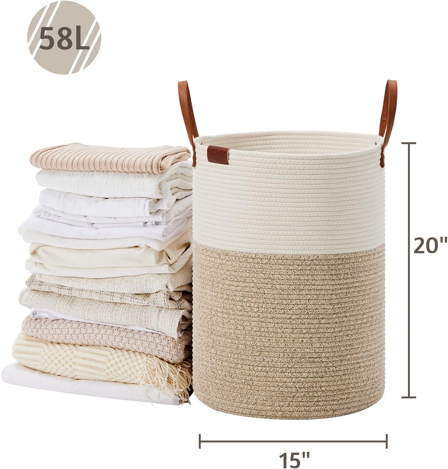 VIPOSCO Tall Laundry Basket, Large Dirty Clothes Hamper with Leather Handle, Woven Rope Storage Basket for Blanket, Toy In Living Room, Bathroom, Bedroom - 58L White & Brown