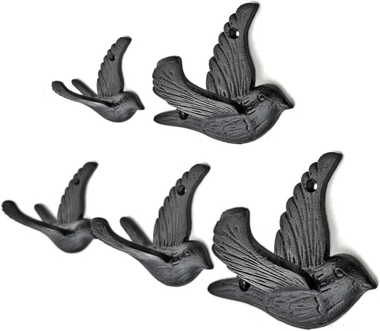 Ambipolar 5-Pack Bird Flying Style Coat Hooks, Vintage Black Hooks for Coats, Hats, and More, Sturdy Cast Iron Construction, Rustic Farmhouse Theme, Easy Installation Versatile and Durable