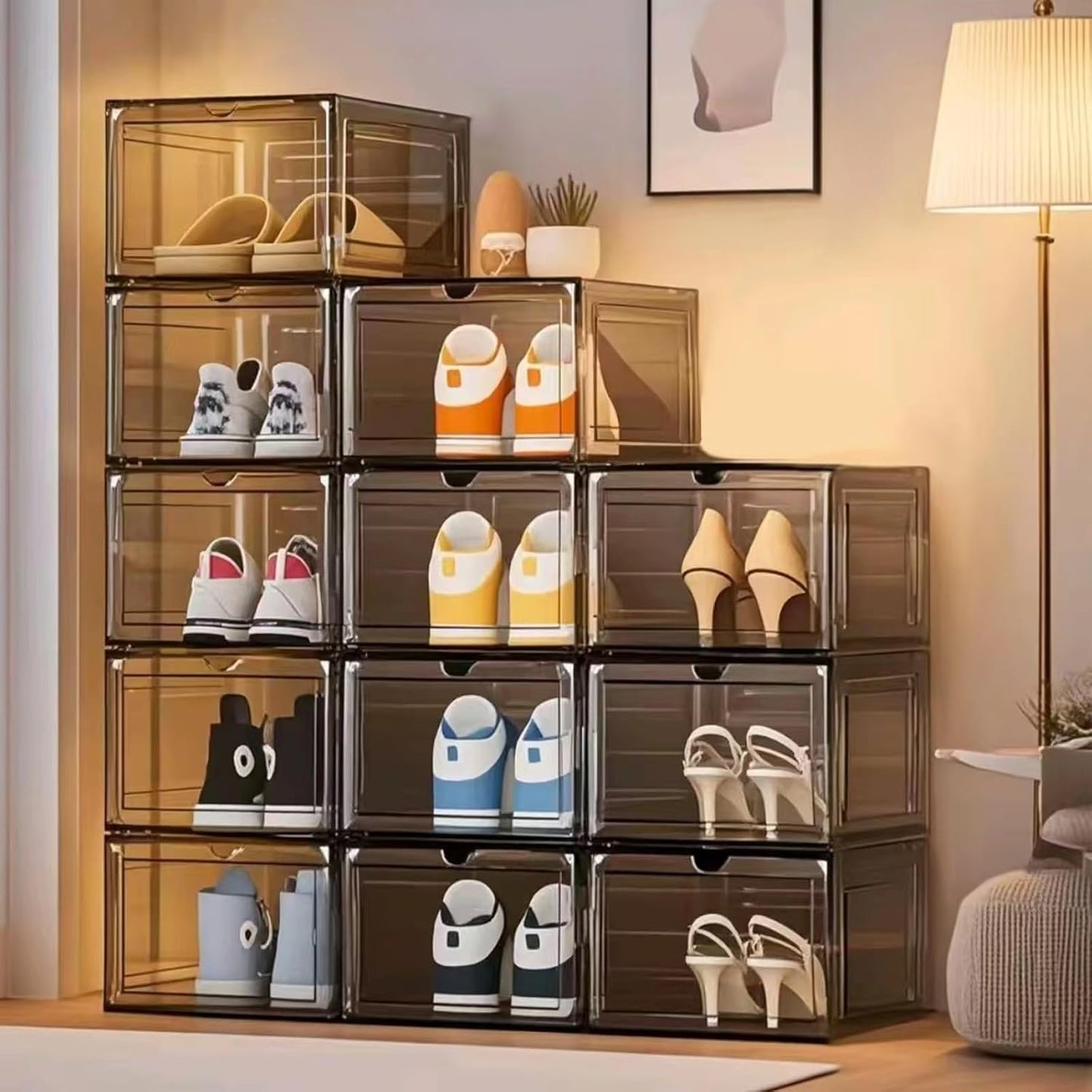 Upgraded Shoe Storage Organizer 6 Pack Clear Plastic Stackable Shoe Box with Magnetic Door Sneaker Hats Display Case Fit Up to US Size 13