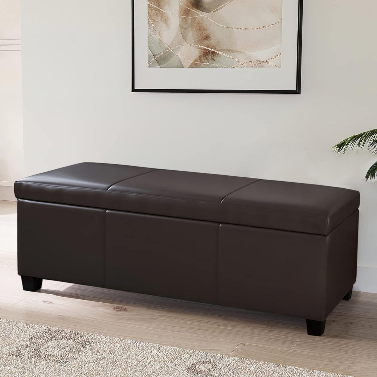 BELLEZE Storage Faux Leather Ottoman, 47 Inch Bench Bedroom Bench with Safety Close Hinge, Extra Long Ottoman with Storage for Living Room, Entryway, Hallway, Foot Rest, Support 300lbs - Brown