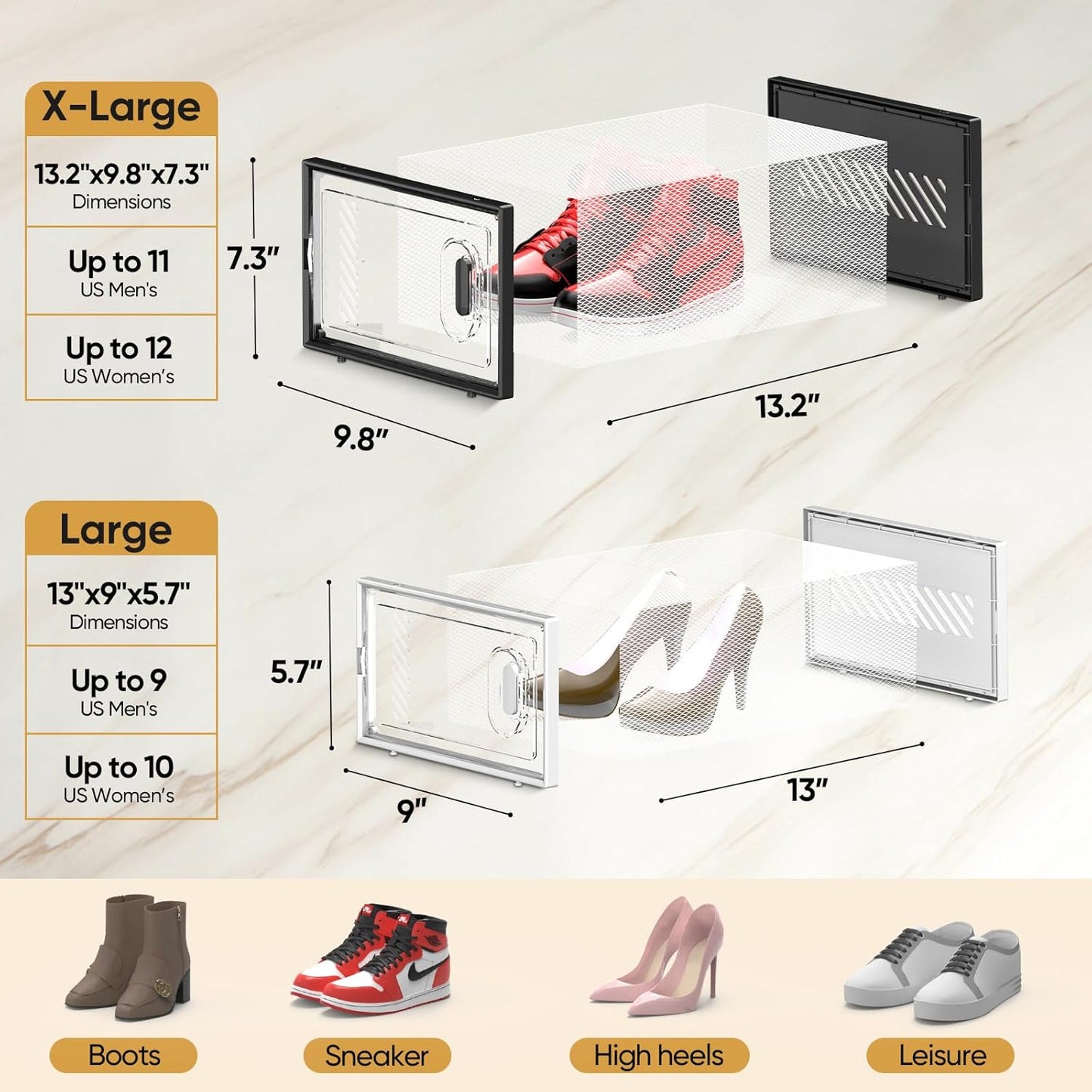 BALEINE 3 Pack Stackable Shoe Storage Boxes Fit Size 9, Thickened Clear Shoe Box Bins with Lids, Plastic Foldable Shoe Rack Organizer Sneaker Storage Containers (Large, White)