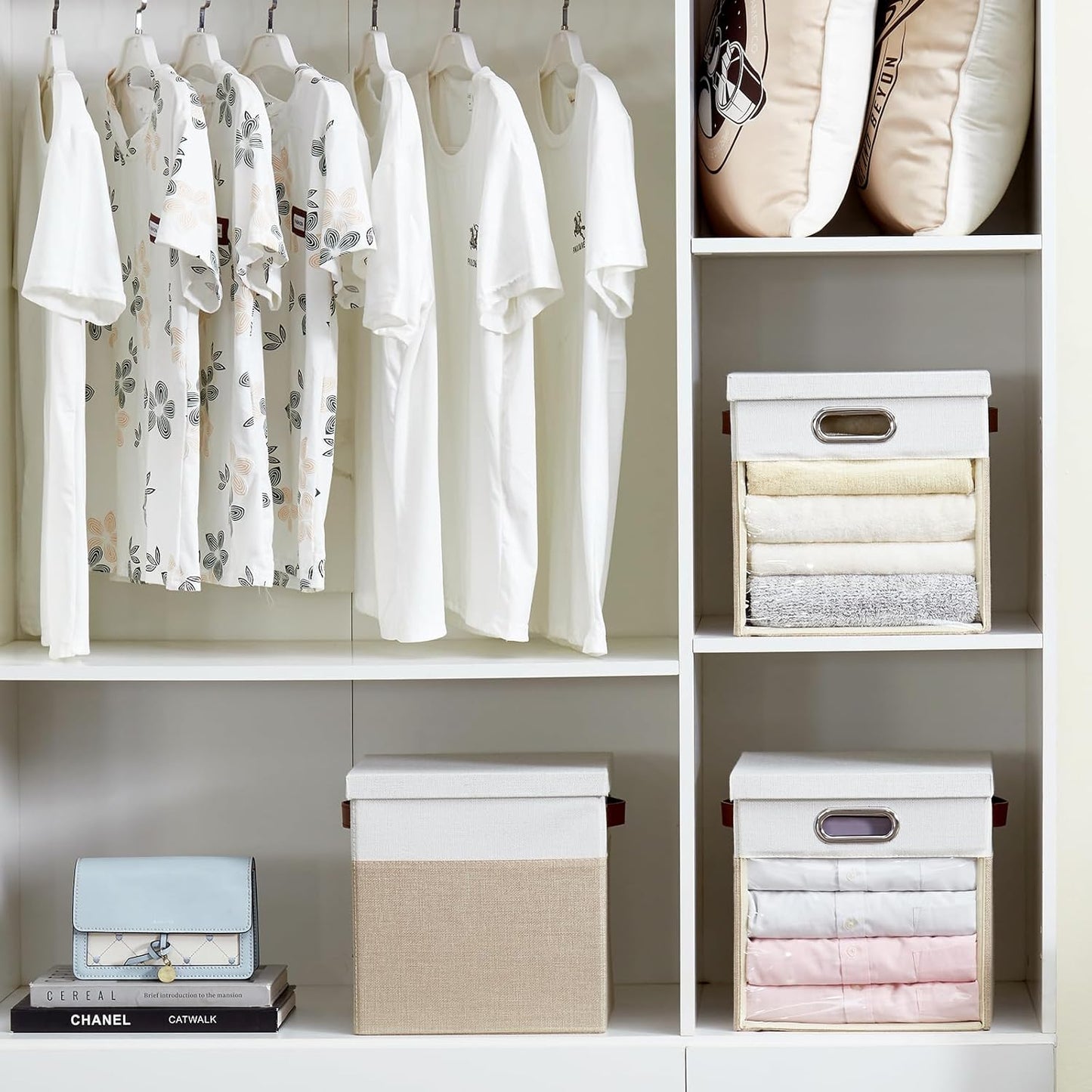 Fabric Storage Cubes with Clear Windows and Lids 11'' Foldable Storage Bins with 3 Handles, Decorative Storage Boxes for Home, Bedroom, Closet, Office (Beige & White)