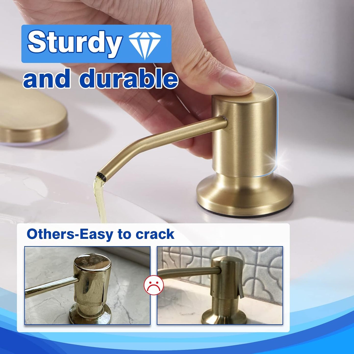 Gold Soap Dispenser for Kitchen Sink, WEWE Brushed Gold Soap Dispenser with Long Spout and Gold Soap Pump Built in Countertop Under Sink Stainless Steel