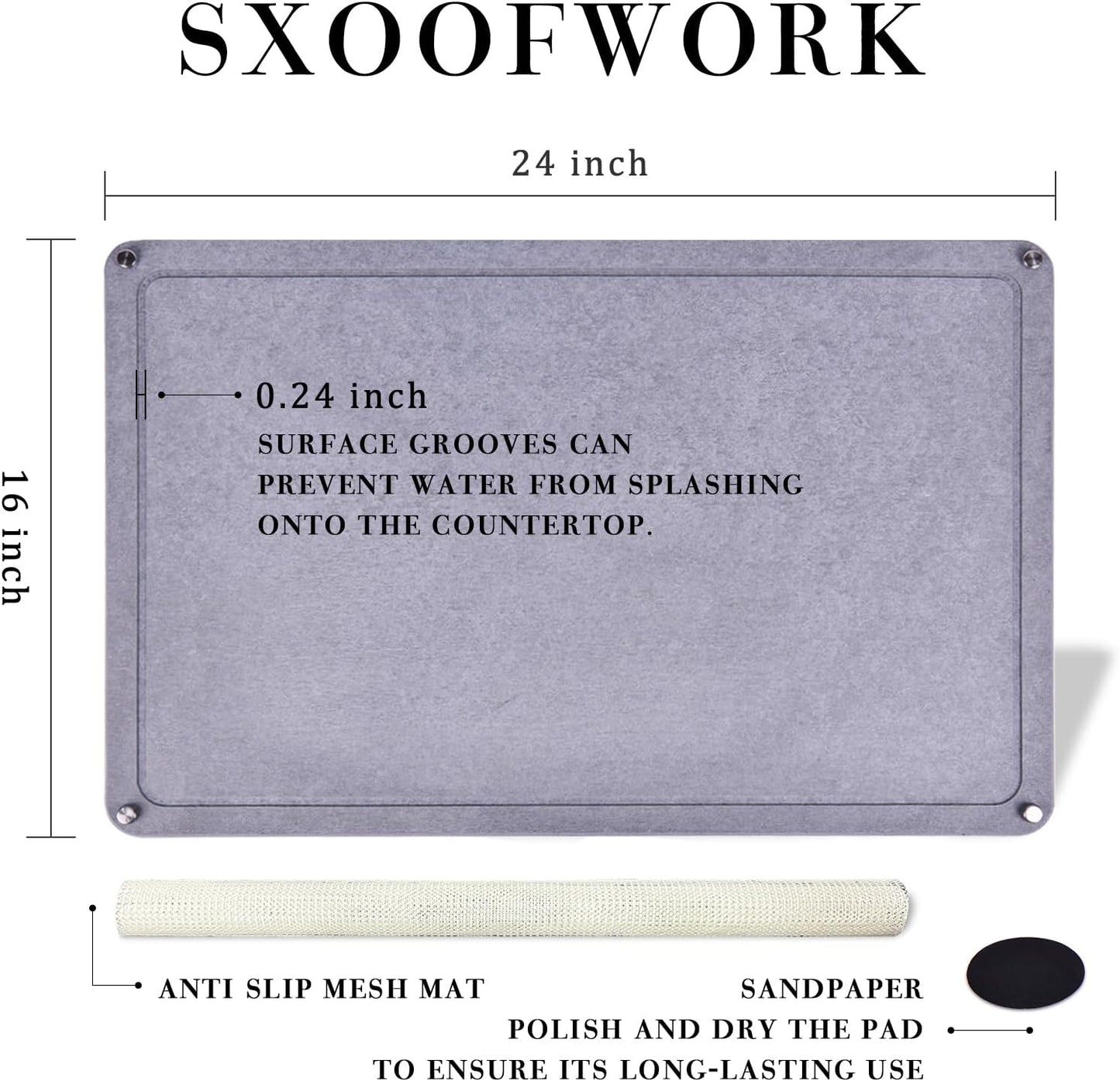 Large Diatomaceous Earth Stone Dish Drying Mats for Kitchen Counter,24"×16",Quick Drying,with 4 Non-Slip Stainless Steel Feet, Suitable for Various Countertops, Bowl Racks, Dark Grey