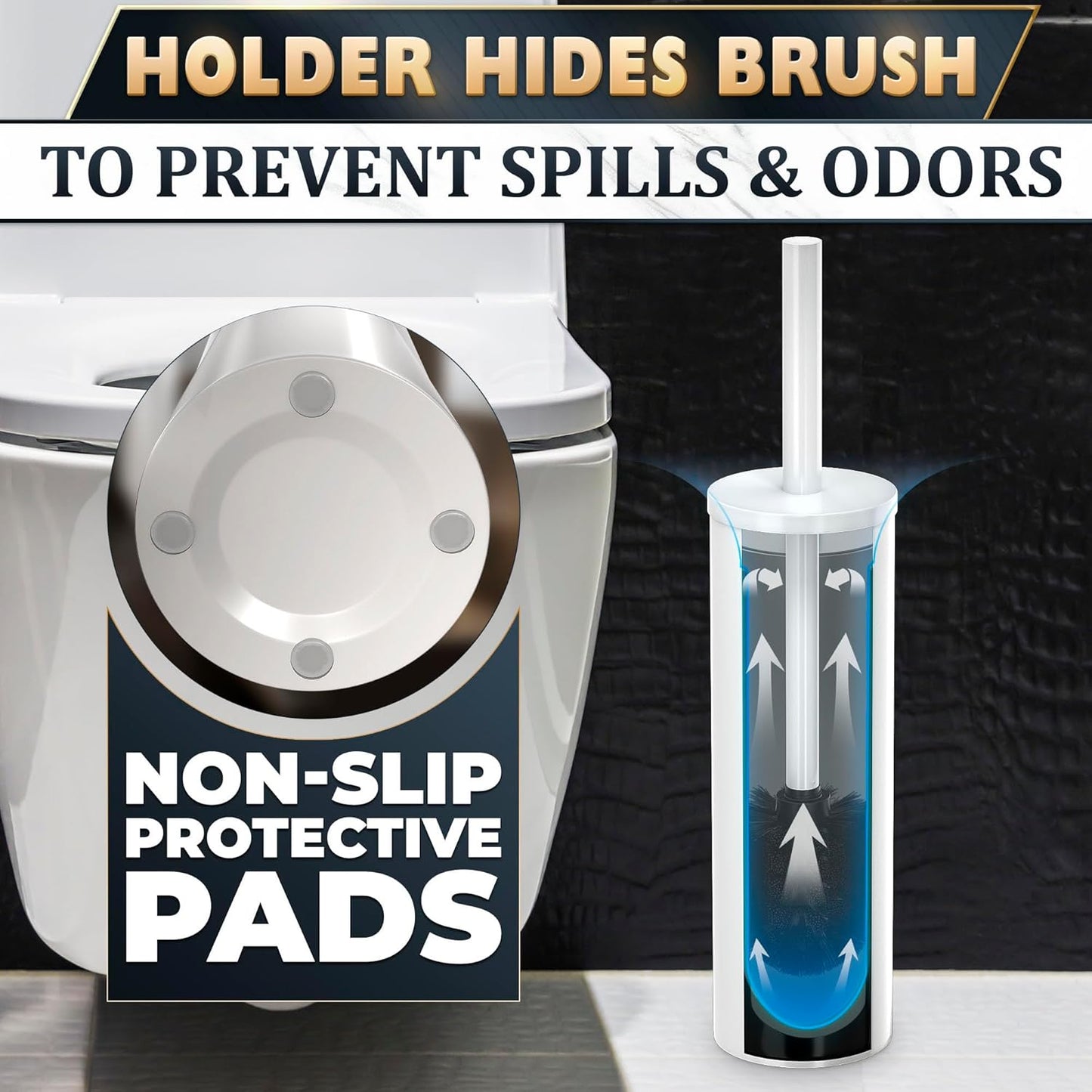 Stainless Steel Toilet Brush and Holder Set White - Long Handle Toilet Bowl Cleaner Brush and Holder - Removable Inner Liner, Shiny Design, Splash Protection & Dense Bristles for Bathroom Cleaning