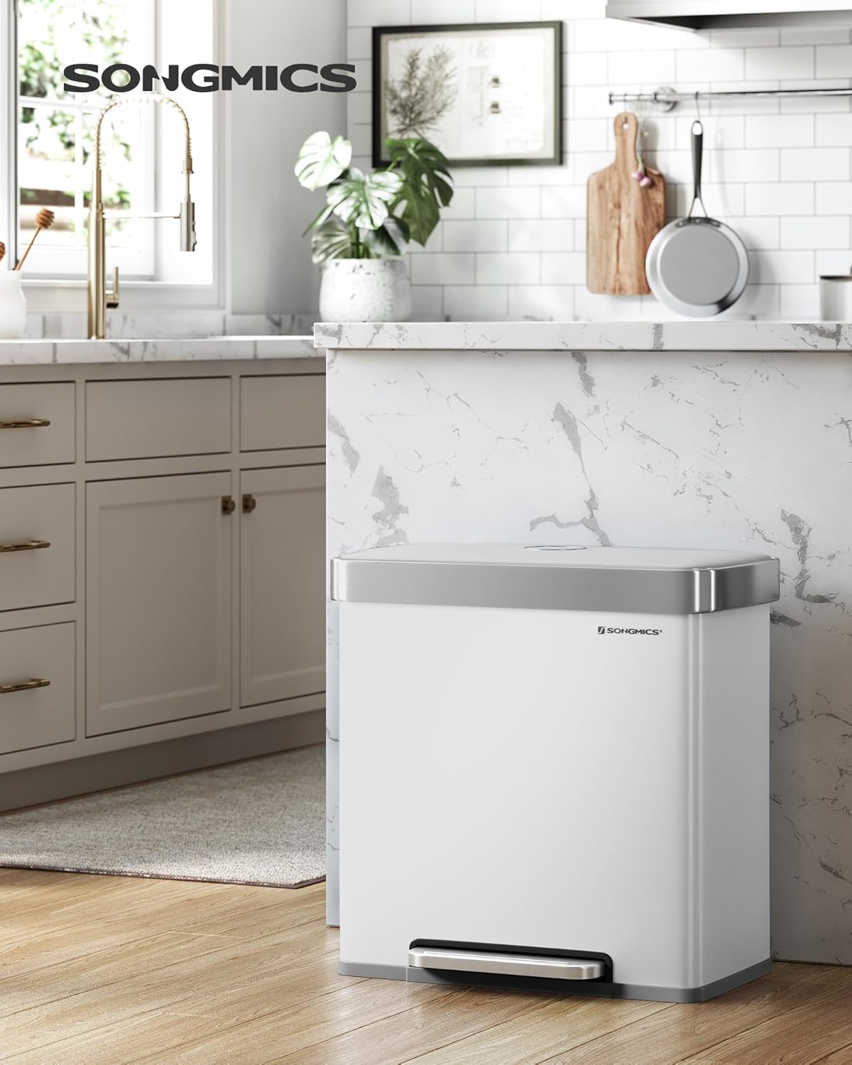 SONGMICS Kitchen Trash Can, 16 Gallon (2 x 8 Gallon) Dual Compartment Garbage Can, 60L Pedal Recycling Bin, Stays Open and Soft Close, Stainless Steel, 15 Bags Included, Cloud White ULTB202W01