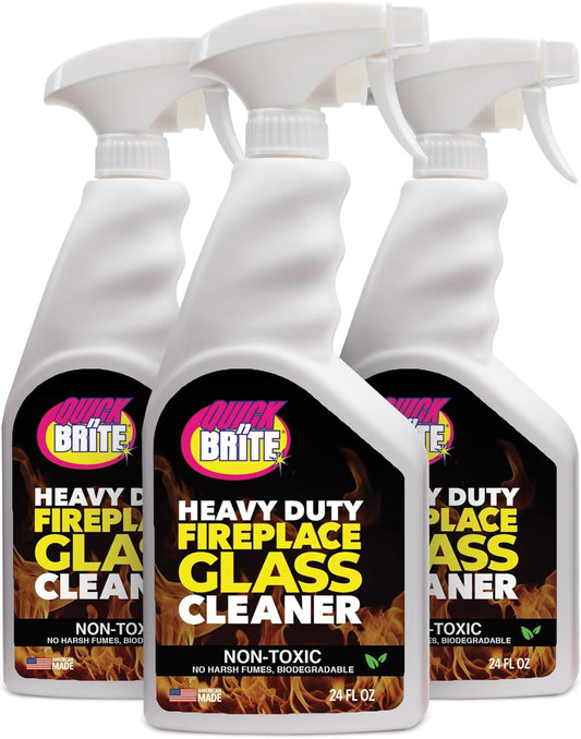 Quick N Brite Fireplace Glass Cleaner 24oz, Nonabrasive Cleaning Spray for Fireplace Glass, Oven Glass, Glass Cooktops, Ceramic-Glass, Microwave Glass (Pack of 3)
