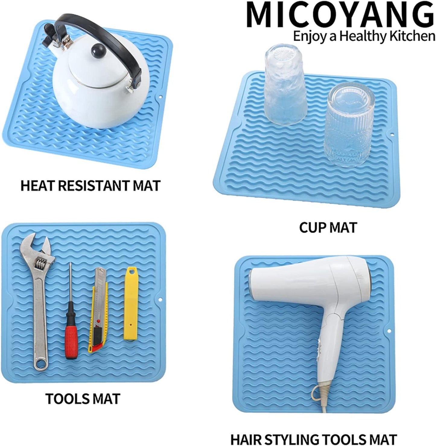 Silicone Dish Drying Mat for Multiple Usage,Easy clean,Eco-friendly,Heat-resistant Silicone Mat for Kitchen Counter or Sink,Refrigerator or Drawer liner Light Blue M 12 inches x 12 inches