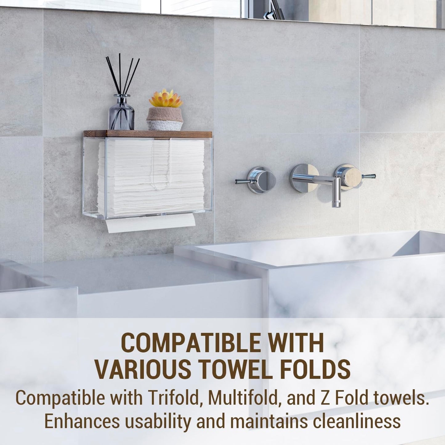 MyGift Deluxe Modern Metal Folded Commercial Paper Towel Holder with Rustic Burnt Solid Wood Tray Lid, Wall Mounted Trifold Multifold Z Fold Disposable Napkin Dispenser (Acrylic & Burnt Wood)