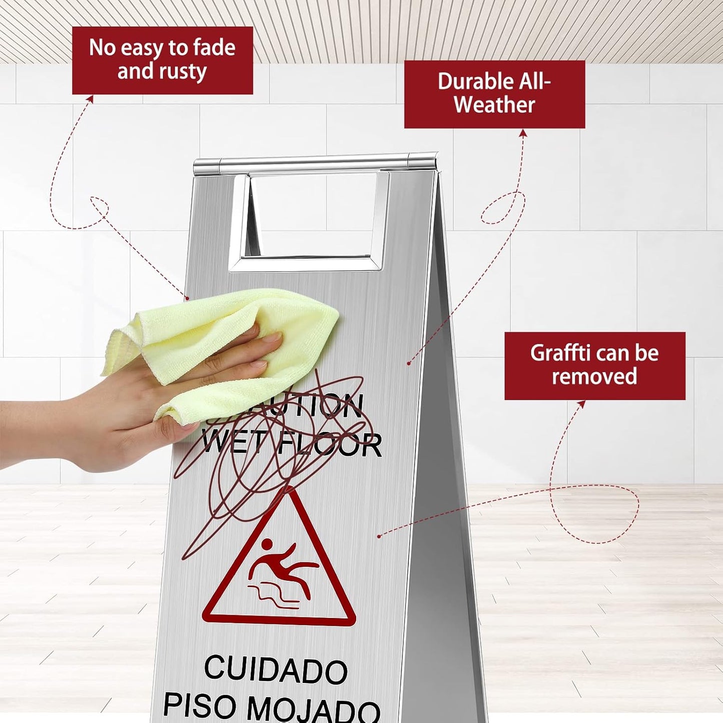 LEIFIDE 4 Pcs Stainless Steel Wet Floor Caution Sign Bulk 8.8 Pound Portable Foldable Handle Bilingual Safety Sign for Kitchen Restaurant Shop Commercial Use Avoid Fall and Slip Accident (Silver)