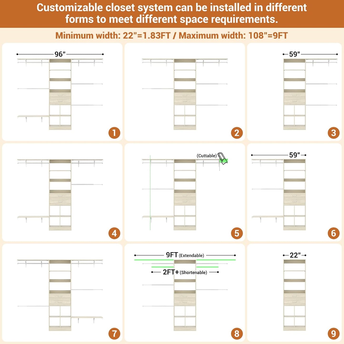 Closet System - 4.75-8FT Closet Organizer System with Wooden Drawers & Cube Storage Organizer, Up To 96" Closet Systems for Nursery & Walk-In Closets with Cuttable Hanging Shelving, Greige Oak