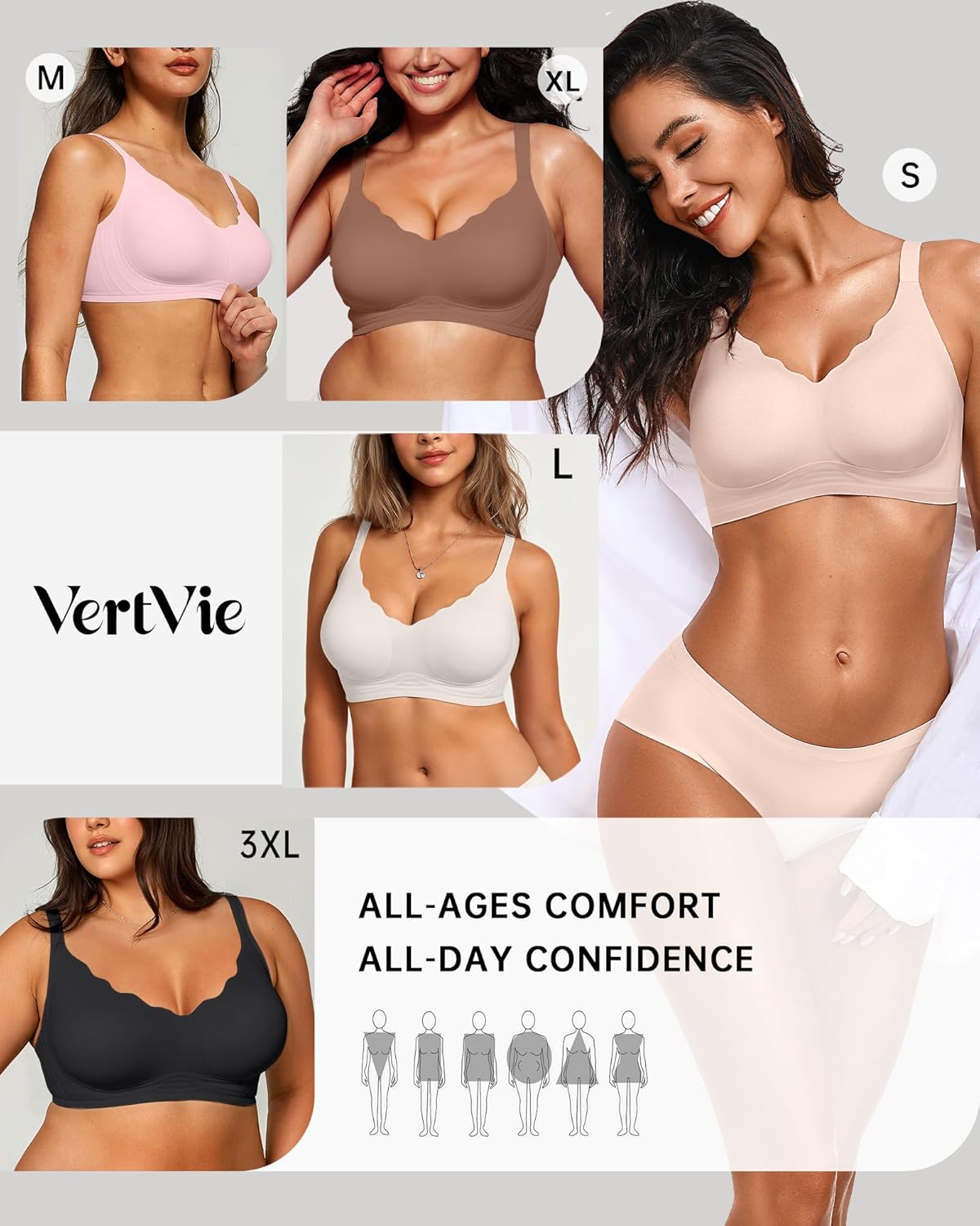 Vertvie Womens Seamless Bras No Underwire Supportive Wireless Push Up Full Coverage Bralette Comfort Scalloped T-Shirt Bra
