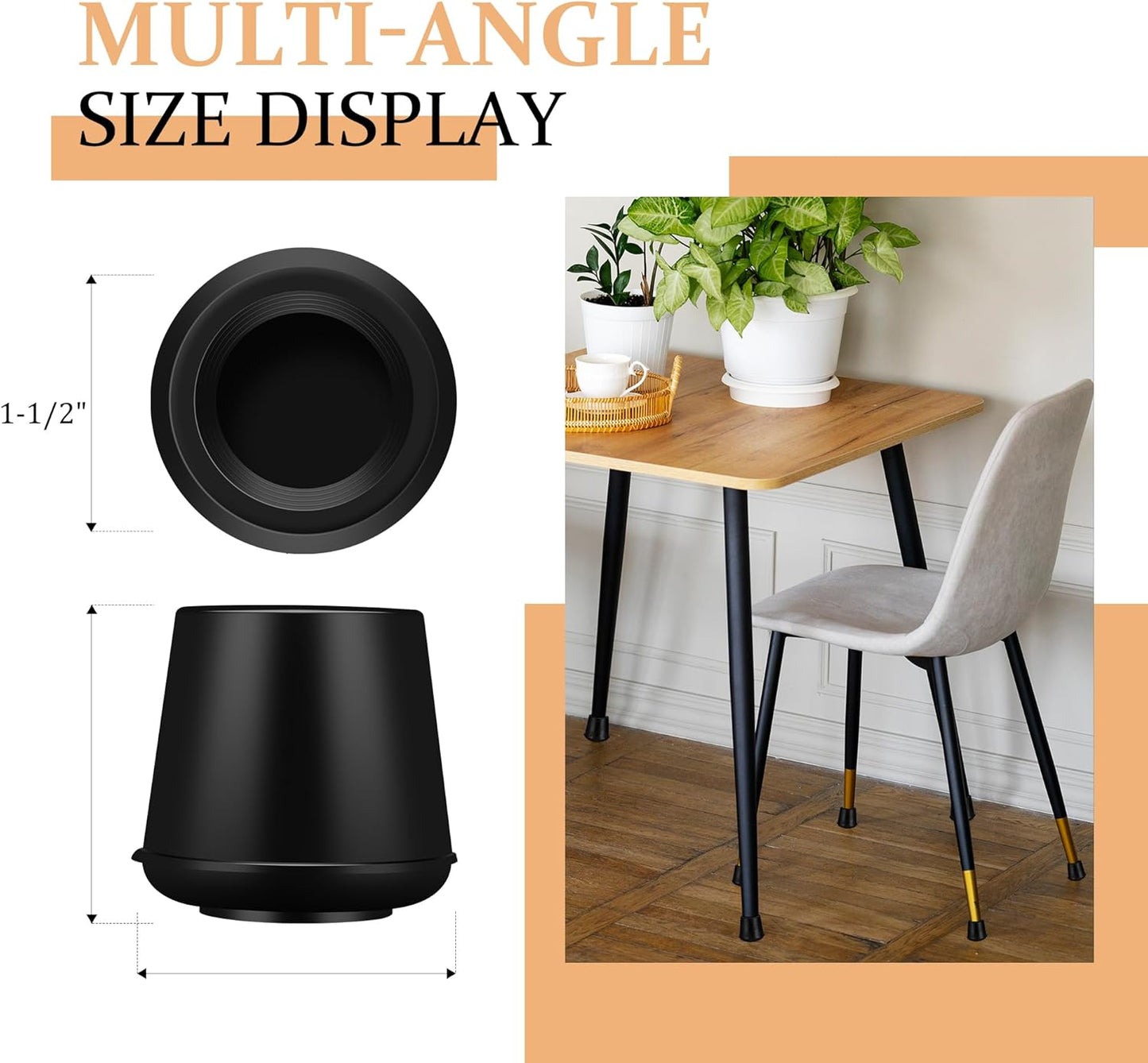 1-1/2” Round Rubber Chair Leg Tips Caps, Chair Leg Floor Protectors, Non-Slip Chairs Legs Caps, Stool Feet Protectors Cap, Folding Metal Chairs Legs Tip Replacement (Black, 8 Pack)