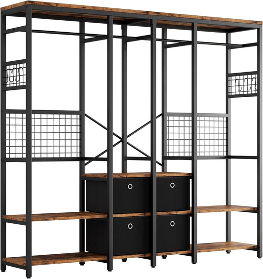 IRONCK Garment Racks with Shelves 4 Drawers and 8 Hooks Heavy Duty Closet Organizer for Hanging Clothes, Freestanding Closet Wardrobe Rack, Vintage Brown