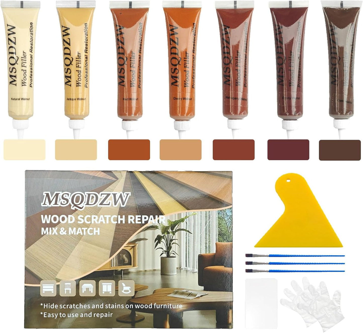 Wood Repair Kit, 13Pcs Wood Fillers, Furniture Repair Kit Scratch Cover for Wood Cracks, Stains, Discoloration for Furniture, Table, Door, Cabinet, Floor Wood Touch Up Wood Stain Paint, Dark Walnut