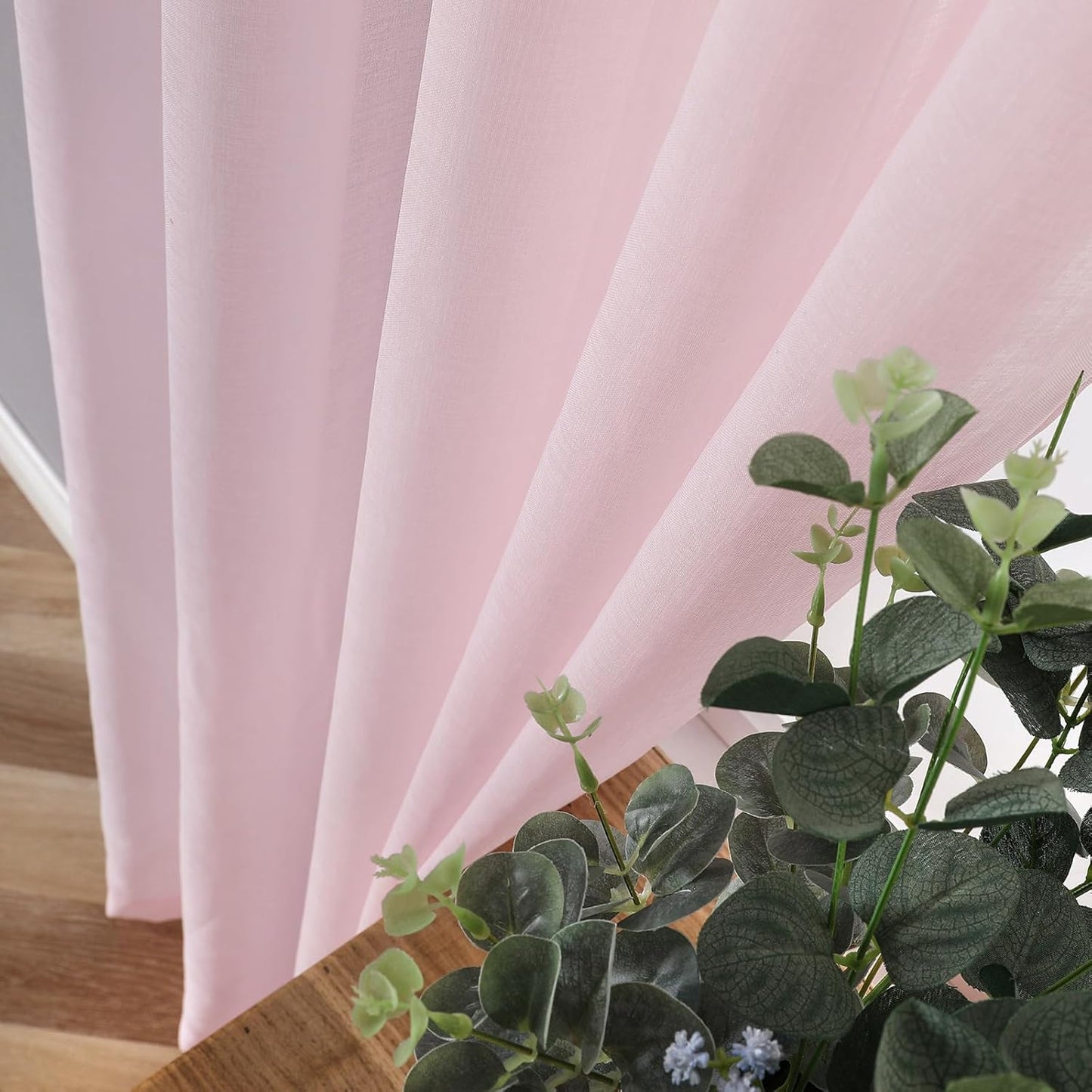 Tollpiz Short Sheer Curtain Living Room Linen Textured Curtains Sheer Light Filtering Voile Rod Pocket Curtain for Bedroom, 38 x 54 inches Long, Pink, Set of 2 Panels