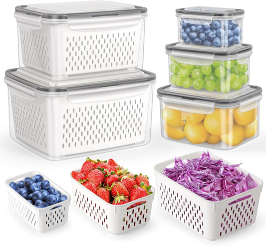 HOTEC 5-Pack Large Fruit Storage Container for Fridge Leak proof with Removable Colander, BPA Free Dishwasher & microwave safe Largest 4.15L