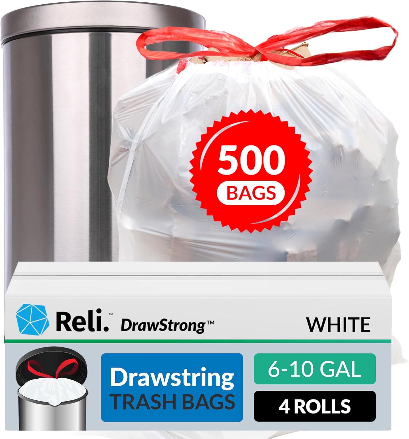 Reli. 6-10 Gallon Trash Bags Drawstring | 500 Count Bulk | 22"x23" | 6, 8, 10 Gallon Drawstring Garbage Bags | White Trash Can Liners | Small - Medium