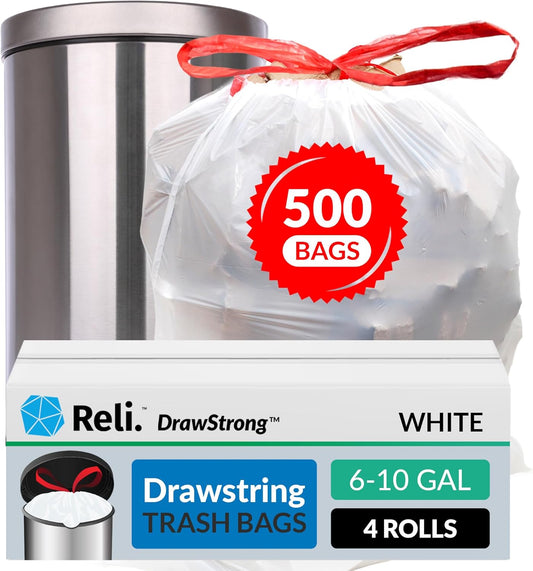 Reli. 6-10 Gallon Trash Bags Drawstring | 500 Count Bulk | 22"x23" | 6, 8, 10 Gallon Drawstring Garbage Bags | White Trash Can Liners | Small - Medium