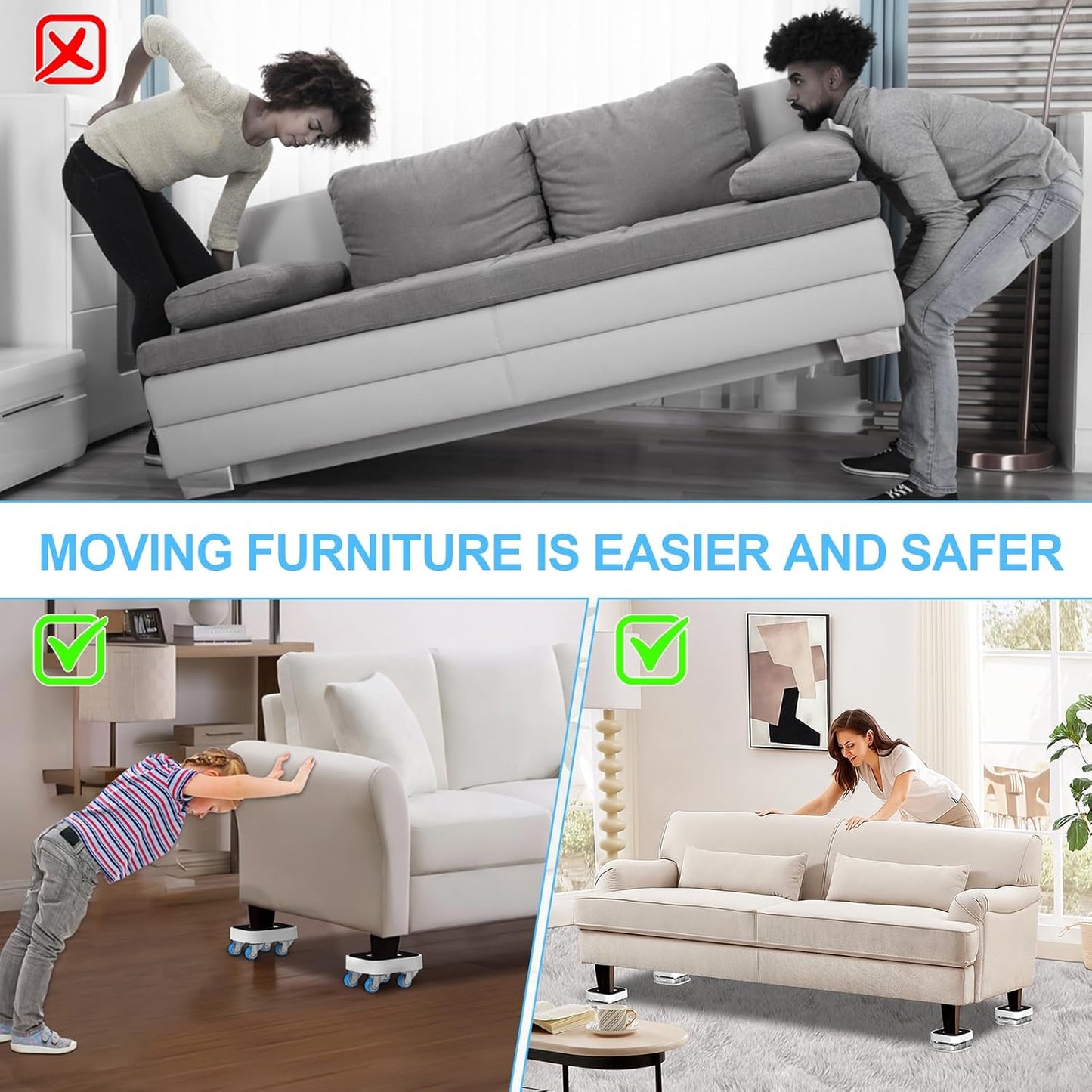 New Upgraded Furniture Sliders for Hard Floors & Carpets, 2-in-1 Furniture Movers with Wheels, Furniture Dolly for Moving Heavy Duty Sofa, Bed, Appliance, Load Capacity Up to 750lb