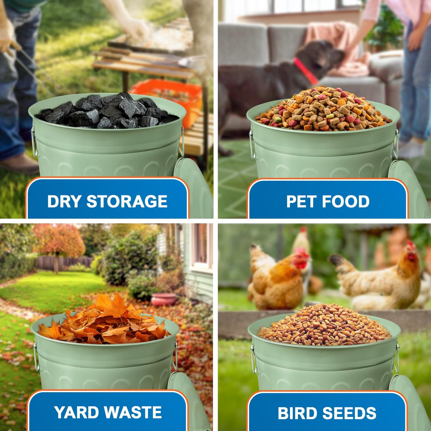 Plexon Round Trash Can 13 Gallon, Vintage Metal Outdoor Trash Can with Lid, Retro Farmhouse Garbage Container, Old School Modern Ash Bucket, Green 6 Pack