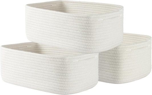 Small Woven Basket, 13.5 x 9.5 x 5 Inches, Storage Basket for Organizing, Cute Small Rope Shelf Closet Cube Storage Bins Baskets for Shelves, Dog Toy Gift Baskets Empty, 3 Packs, Off White
