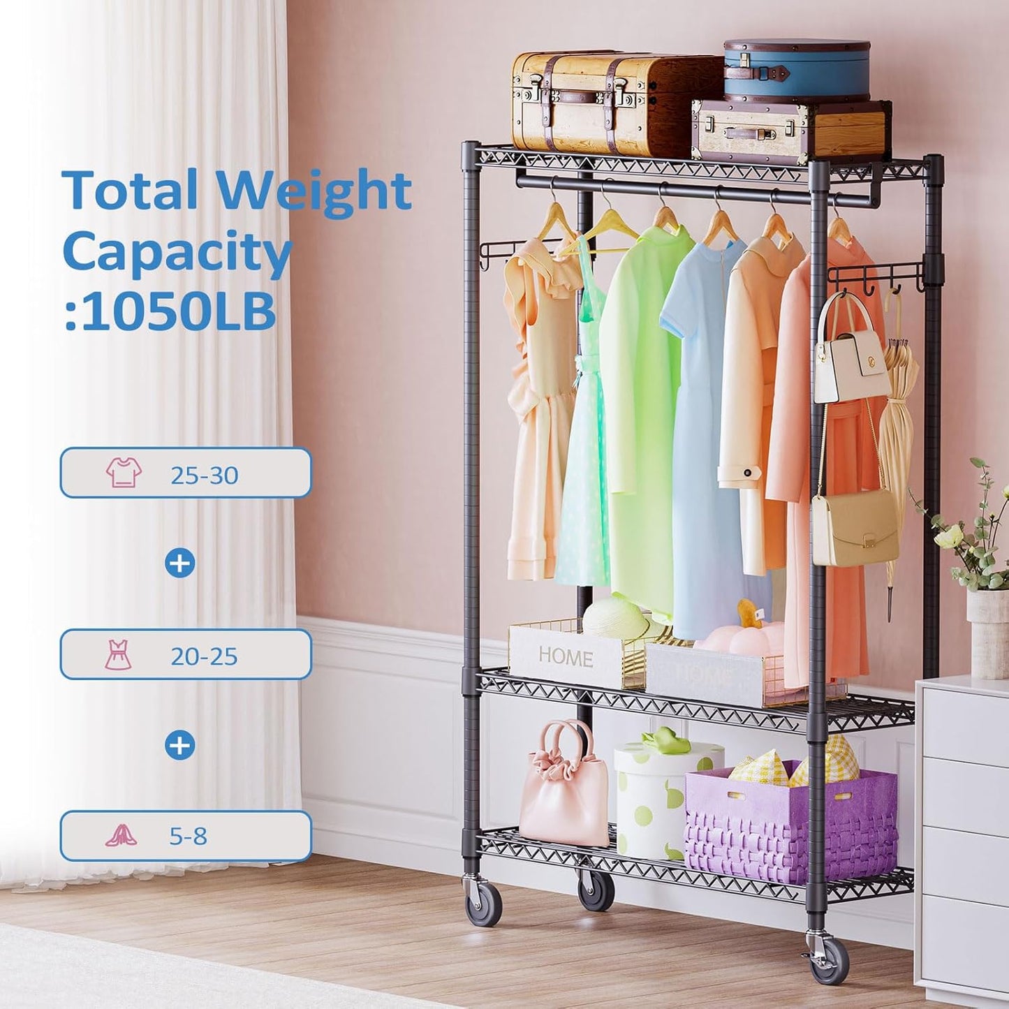 IZEUK 3 Tier Heavy Duty Rolling Garment Rack Wire Clothes Rack for Hanging Clothes, Metal Freestanding Closet Wardrobe Rack with 1 Rods and Wheels Black 15.7" D x 45.3" W x 75.6" H