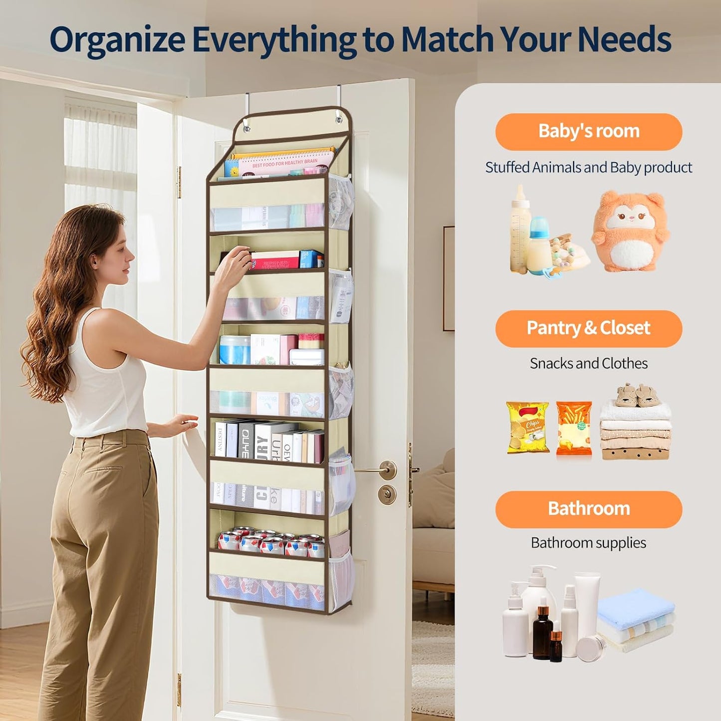 Yecaye Over The Door Organizer Storage, 5-Tier Heavy Duty Door Organizers Hanging with 10 Side Mesh Pockets, 44 lbs Load Capacity Behind Door Storage for Bathroom Nursery Bedroom Dorm Closet, Beige