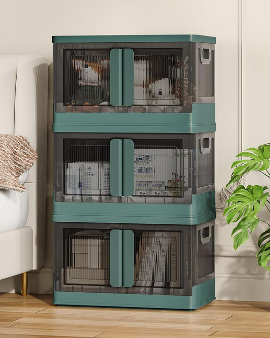 8.4Gal Collapsible Storage Bins with Lids & Wheels - 3 Pack Stackable with Doors, Heavy-Duty Plastic Containers for Home/Office, Green